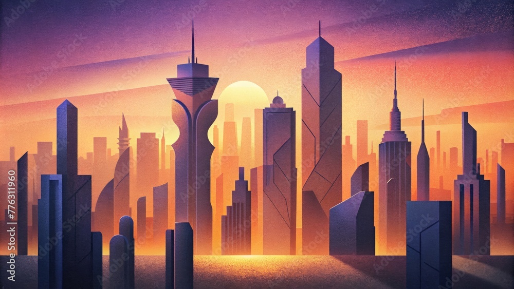Aufkleber A modern city skyline with tall sleek sculptures creating a mesmerizing display of overlapping shadows at sunset.