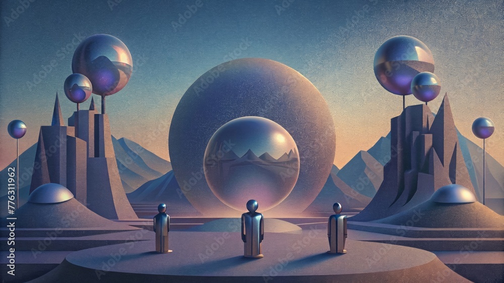 Poster a futuristic art installation featuring metallic sculptures that reflect and distort the surrounding