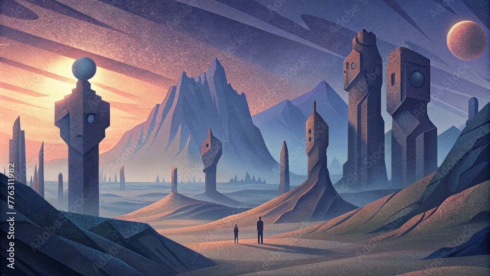 Poster an otherworldly landscape of towering monolithic sculptures casting long distorted shadows in the di