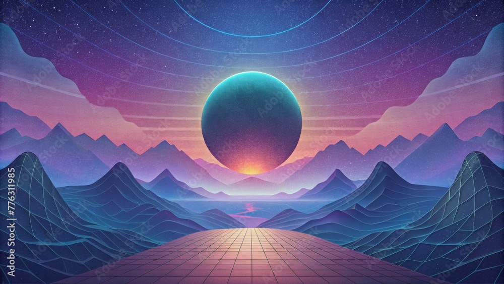 Poster An abstract interpretation of the digital world where a gradient sky meets the intricate silhouette of a virtual horizon.