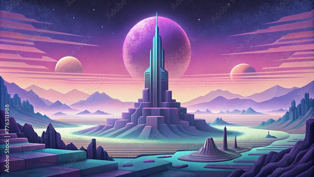 Poster a futuristic landscape created by pixels and codes standing tall against a serene and everchanging d