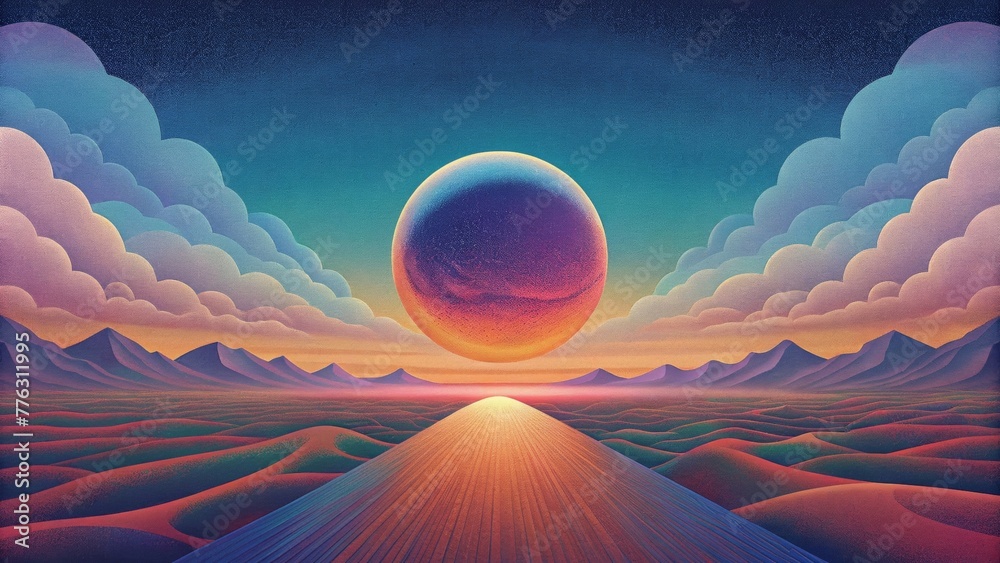 Poster The convergence of the virtual and the real as a digital horizon emerges from a gradient sky in a surreal composition.