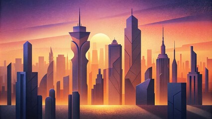 A modern city skyline with tall sleek sculptures creating a mesmerizing display of overlapping shadows at sunset. - obrazy, fototapety, plakaty