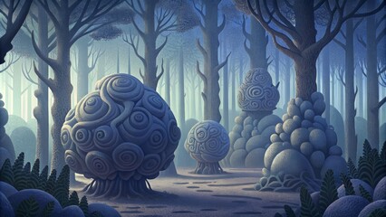 A moody forest clearing where intricate organic sculptures blend seamlessly with the shadows of the trees.
