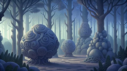 Foto op Canvas A moody forest clearing where intricate organic sculptures blend seamlessly with the shadows of the trees. © DigitalSpace