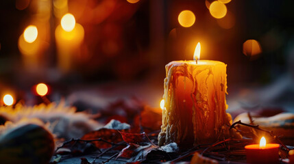 Warm candlelight glows amidst autumn leaves, creating a cozy, enchanting atmosphere.