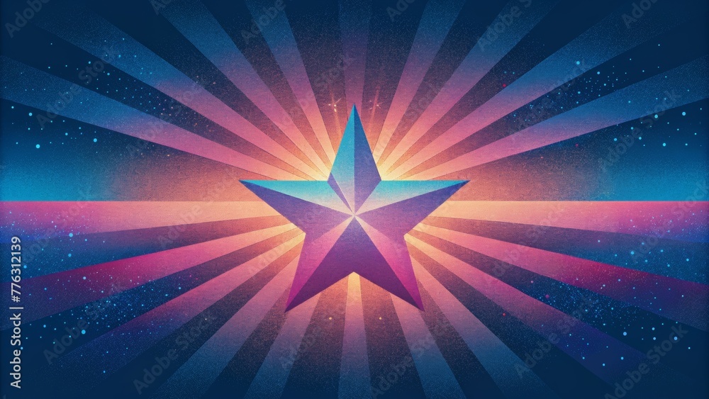 Poster a burst of pixelated stars in a retro gradient of blues and pinks.