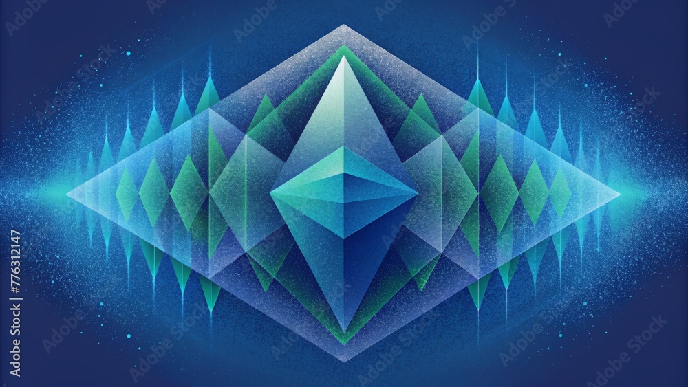 Poster geometric shapes in varying shades of blue and green resembling a digital visualization of a sonic p