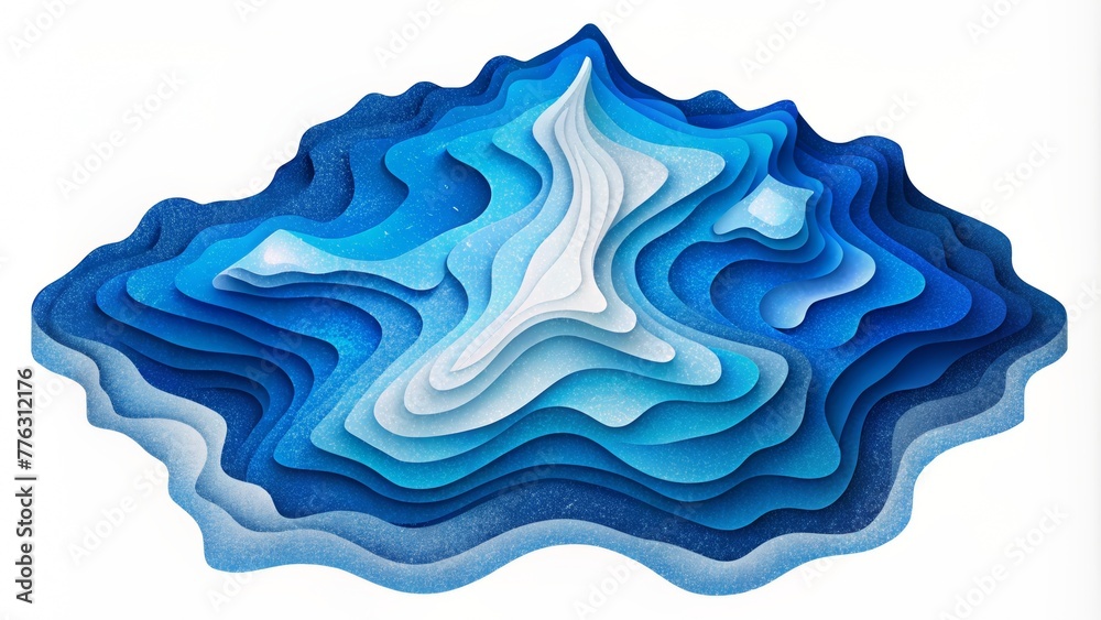 Poster paper shapes in different shades of blue and white representing mountain ranges and valleys in a top