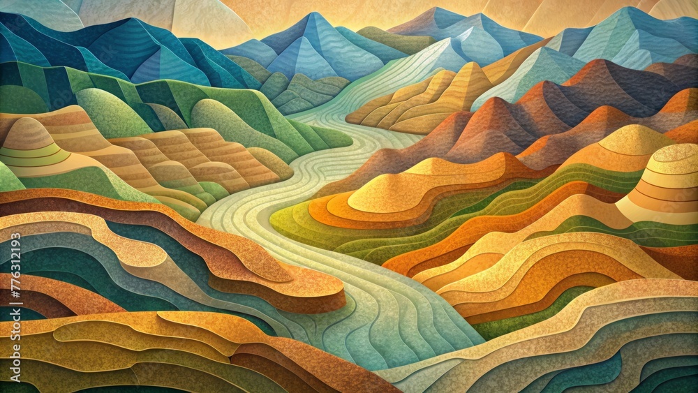 Poster a mosaic of paper layers that come together to create a topographical landscape resembling a patchwo