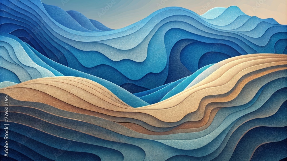 Poster a series of paper waves and valleys blending together to create a topographical depiction of a coast