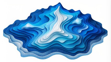 Paper shapes in different shades of blue and white representing mountain ranges and valleys in a topographical map.
