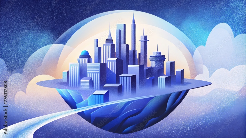 Poster a city in flux its blueprint constantly changing and shifting in a sea of blue.
