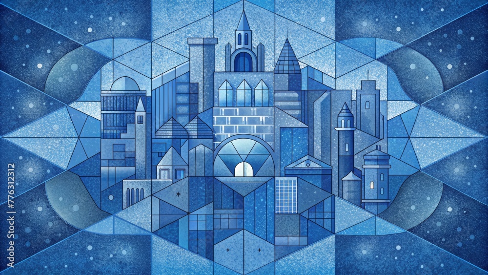 Poster a blueprint mosaic each piece representing a different element of the bustling city.