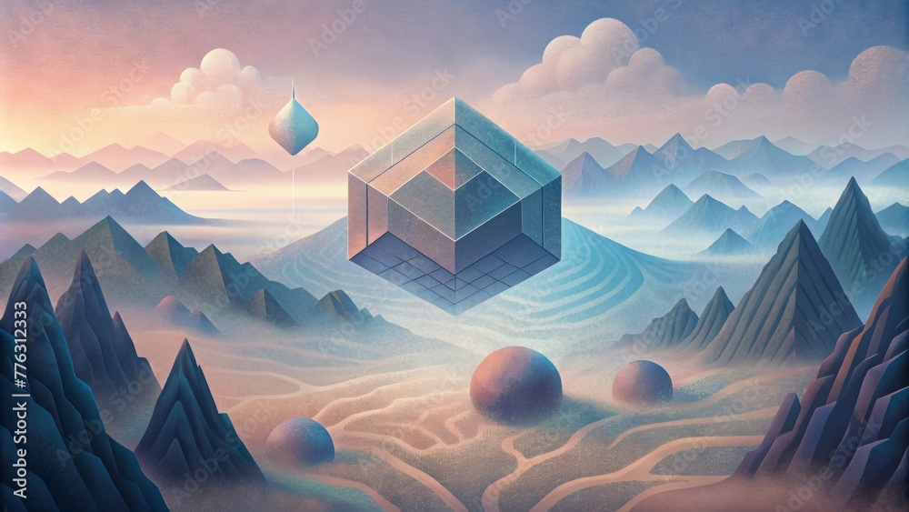 Poster a surreal landscape filled with geometric fog evoking a sense of disorientation and uncertainty.