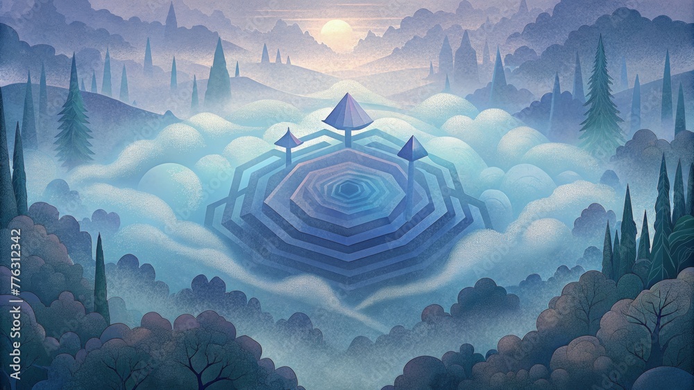 Poster An ethereal geometric forest hidden within a swirling fog creating a sense of mystery and intrigue.