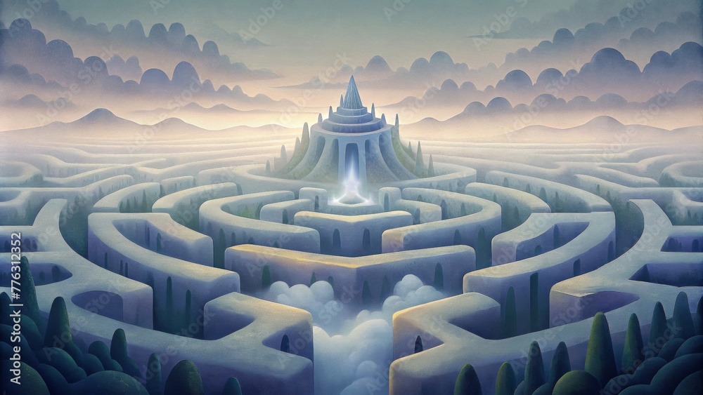 Poster An abstract depiction of a labyrinthine maze shrouded in a thick blanket of geometric fog.