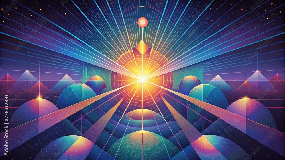 Poster a fantastical grid of light beams glowing in a mesmerizing symphony of colors and shapes.