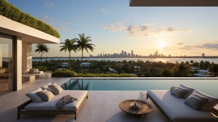 Fototapeta premium Modern villa with a private rooftop infinity pool overlooking the Miami skyline in Florida