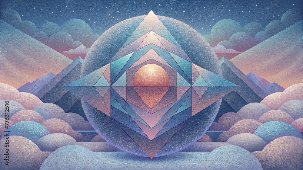 Poster Layers of geometric shapes in muted tones overlap and blend together creating a dreamlike and ethereal composition.