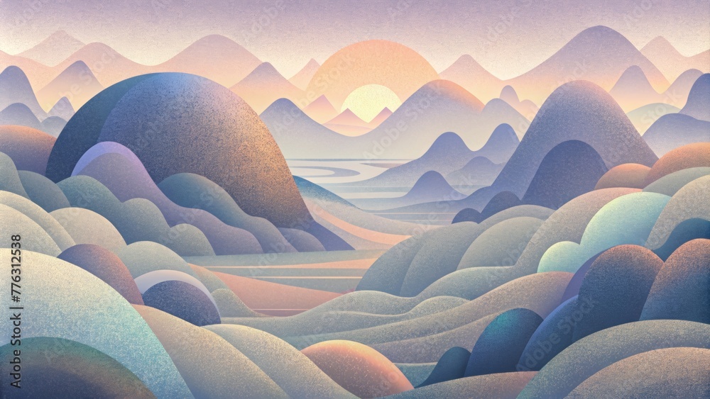 Poster An abstract landscape of overlapping and interlocking shapes in soft muted colors evoking a sense of tranquility and harmony.