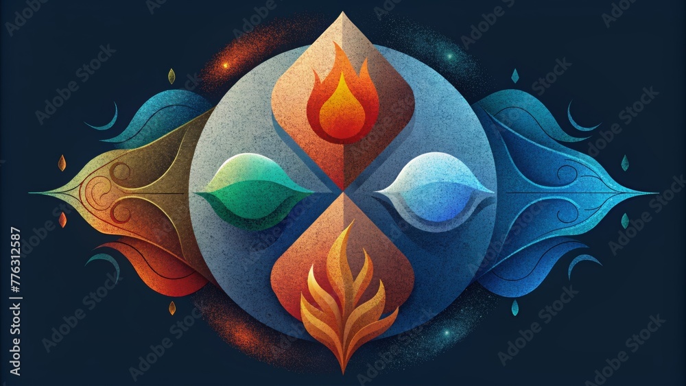 Poster An abstract depiction of the four elements with each element represented by bold contrasting colors and intricate patterns.