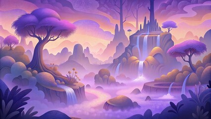 Fototapeta na wymiar An otherworldly oasis where trees turn to mist and the foliage dances in hues of violet and gold.
