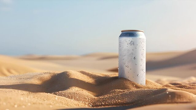 Pushing towards a blank cold soda can covered in condensation sitting in a sand dune