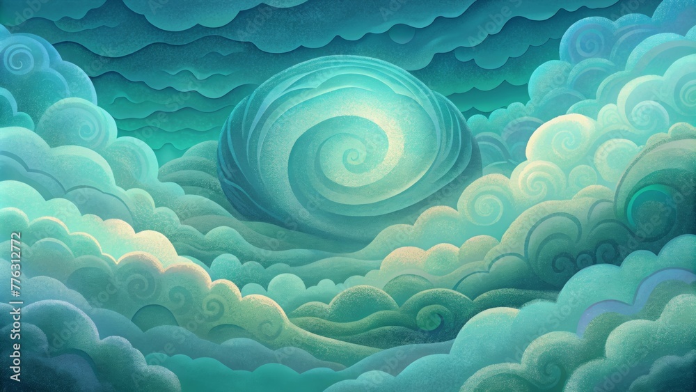 Poster hazy clouds of muted greens and blues swirling and pulsing in a dreamlike chromatic pulse.