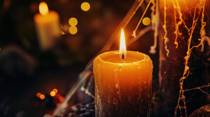 Warm glowing candle with festive lights and bokeh background