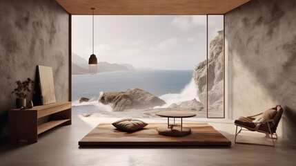 A Japandi style living room, interior close to nature, embraces natural elements to create a serene and harmonious space.