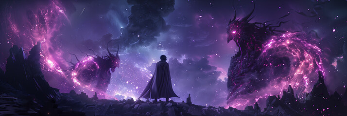 Selective focus of Anime scene of a man in a black cloak with horns and glowing purple eyes...