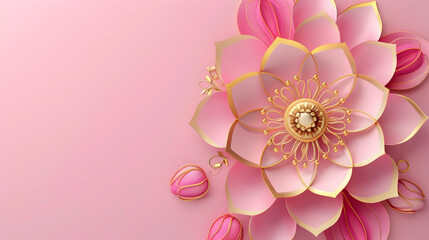 poster for yoga center with place for text, pink gold mandala closeup on pink background with copy space