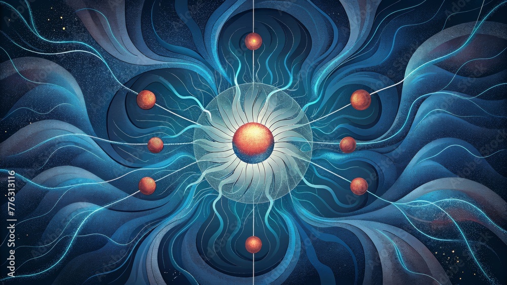 Poster radiating waves of energy spreading outwards and merging together reflecting the behavior of magneti