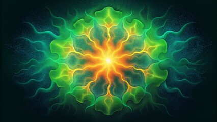 Electric shocks of neon green and tangerine collide creating a kaleidoscopic effect in the swirling psychedelic smoke.