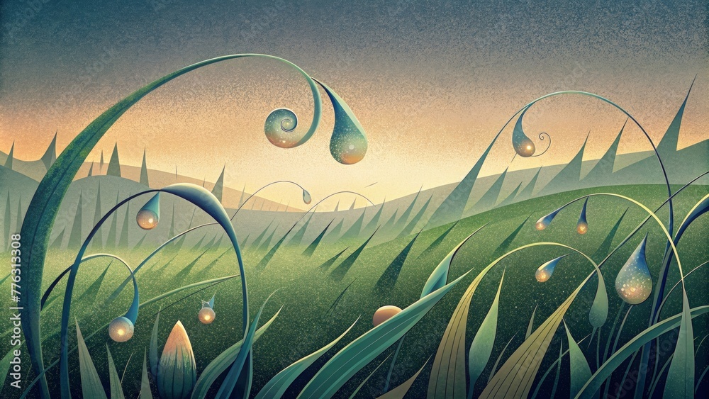 Poster An abstract landscape of dewdrops on grass the stems and blades appearing to bend and swirl in the droplets reflections.