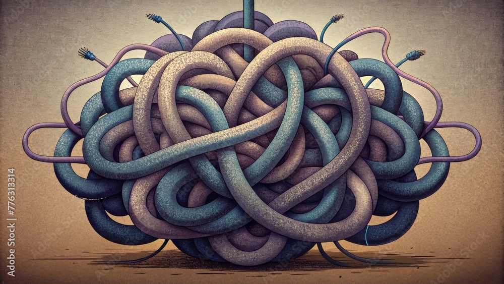 Poster A chaotic of twisted cords winding and overlapping to create a tangled weblike structure.