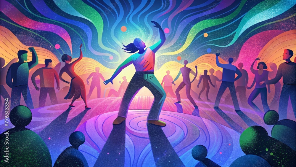 Poster a sea of pulsating colors transforming the space into a lively dance floor.