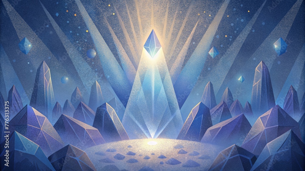 Poster Luminous beams of light passing through a of crystals creating a mystical and ethereal atmosphere.