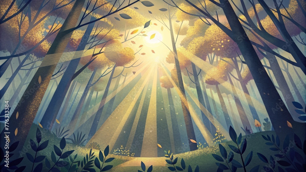 Poster A delicate network of sun rays breaking through a canopy of leaves creating a dreamy dappled effect on the forest floor.