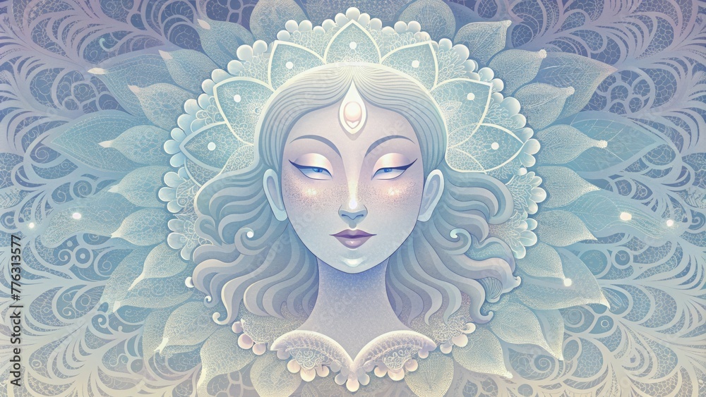 Poster soft muted tones creating a dreamy ethereal feel as they blend into ornate lacelike patterns.