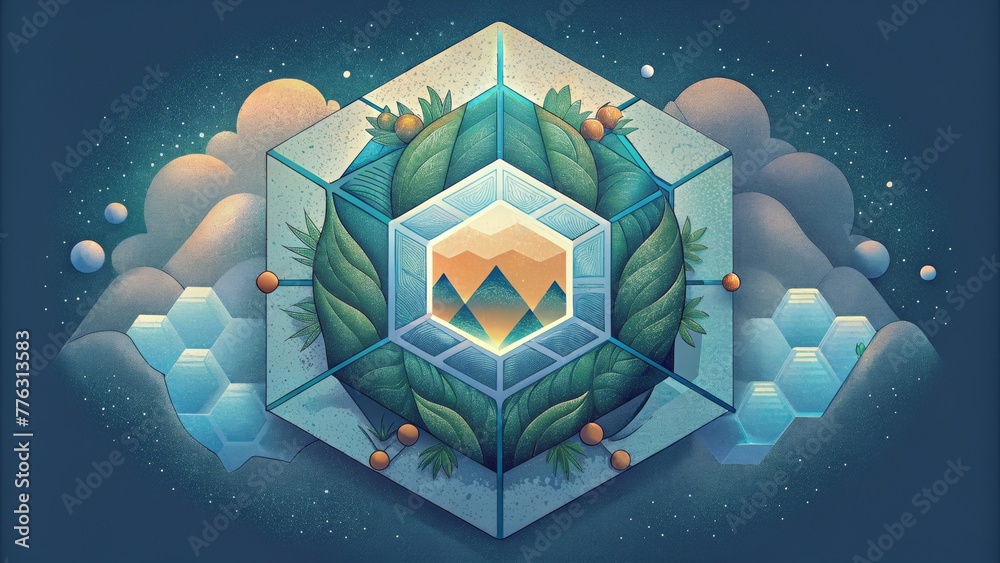 Poster A harmonious fusion of nature and technology with a hexagonal grid mimicking the symmetry of a honeycomb.