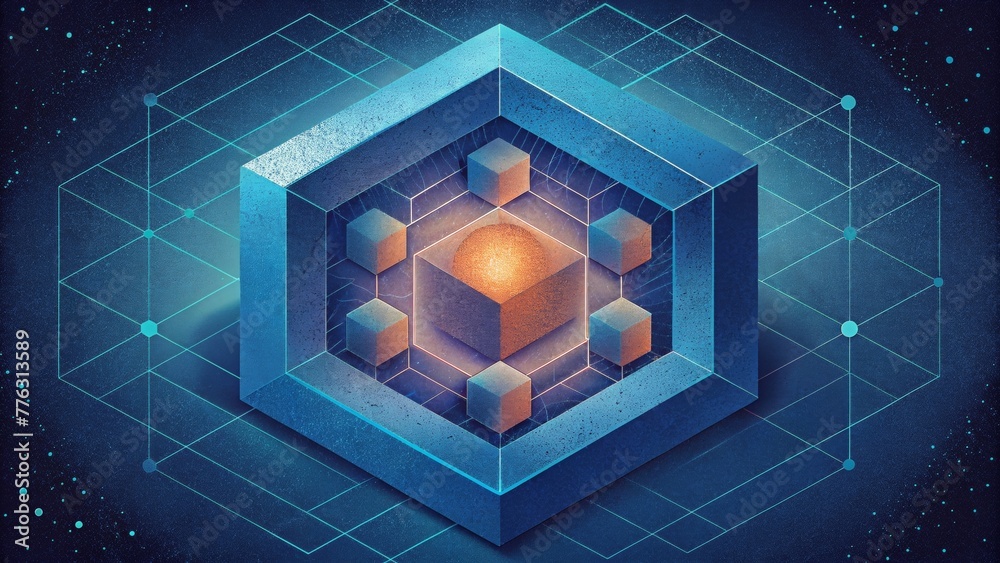 Poster An abstract representation of a quantum world where the building blocks are formed by the hexagonal structure of graphene.