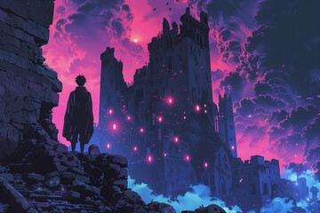 Selective focus of Anime scene of a man in a black cloak with horns and glowing purple eyes standing on the ruins. Surrounded by large demon-like creatures. - obrazy, fototapety, plakaty