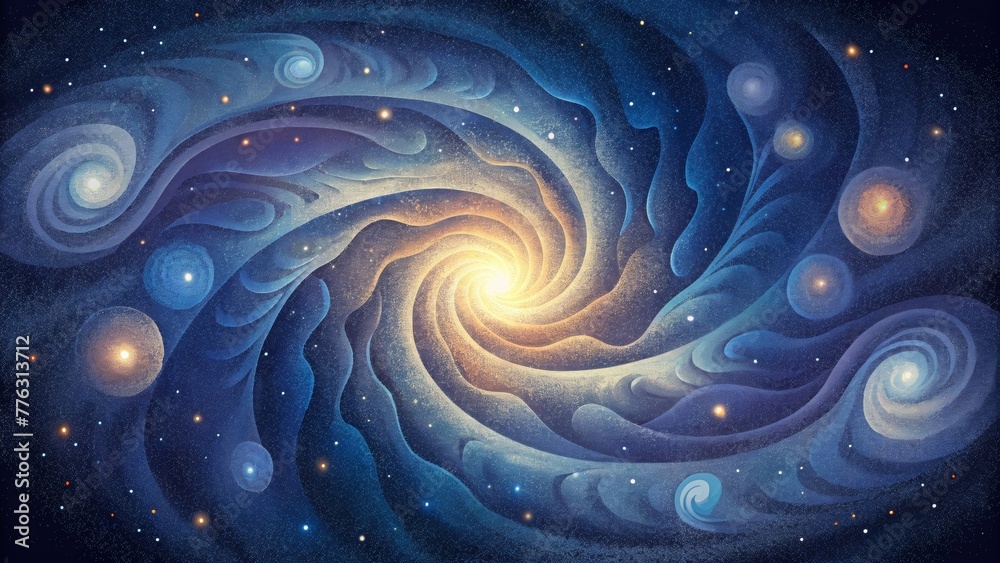 Poster a celestial masterpiece with intricate patterns of swirling galaxies and bursts of starry light.