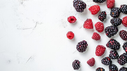 Fresh raspberries and blackberries on marble background with copy space for text.