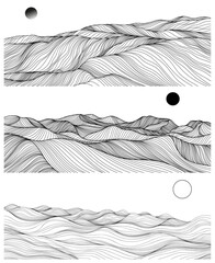 Surreal desert landscape set. Abstract desert background hand drawn collection. Dune with wavy lines.