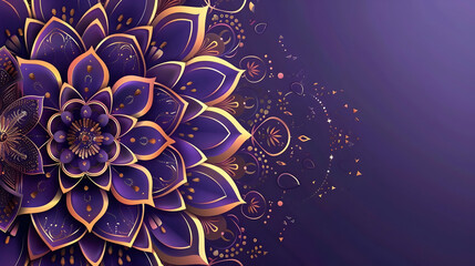 Banner for Buddhist holiday, purple and gold mandala with copyspace