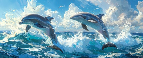 White clouds, blue sea, and jumping dolphins - obrazy, fototapety, plakaty