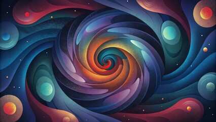 A chaotic vortex of overlapping colors and patterns seemingly pulled in different directions by multiple gravitational forces.